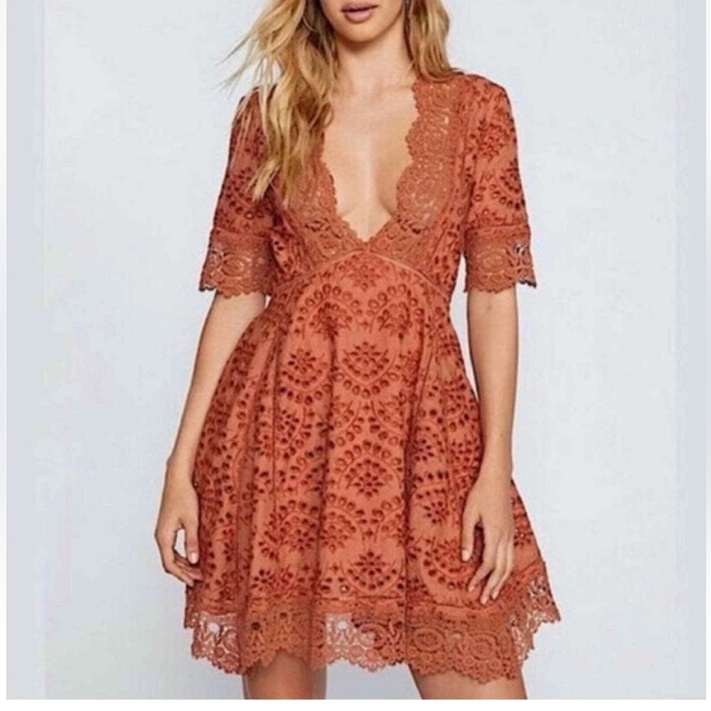 Nightcap Clothing X Free People Eyelet Mini Dress Women’s 4 Burnt Orange V-Neck